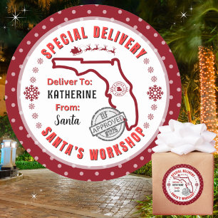 Sticker Rond Livraison spéciale de Père Noël à Enfant en Florid