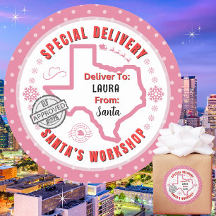 Sticker Rond Livraison spéciale de Père Noël à Enfant en Texas 