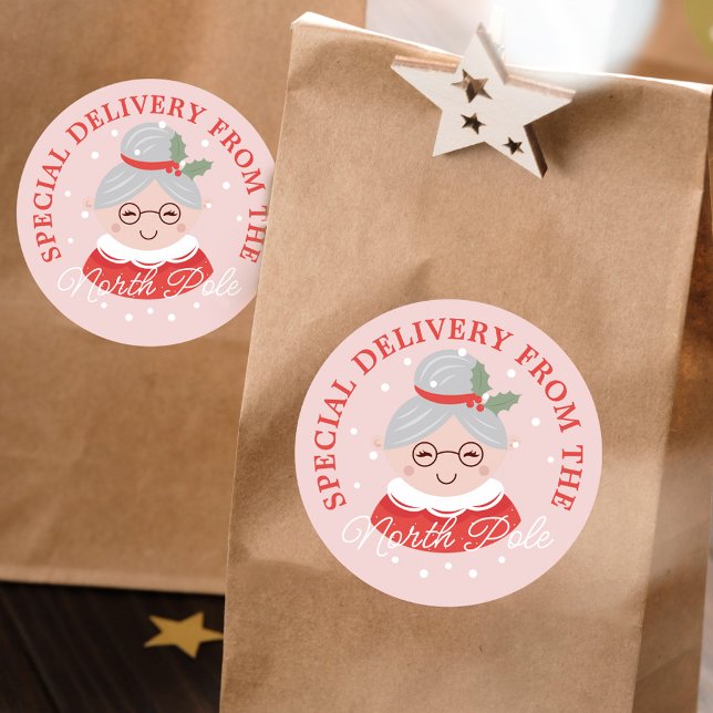 Sticker Rond Livraison Spéciale Du Pôle Nord Mme Claus (Special Delivery From The North Pole Mrs. Claus Classic Round Sticker)