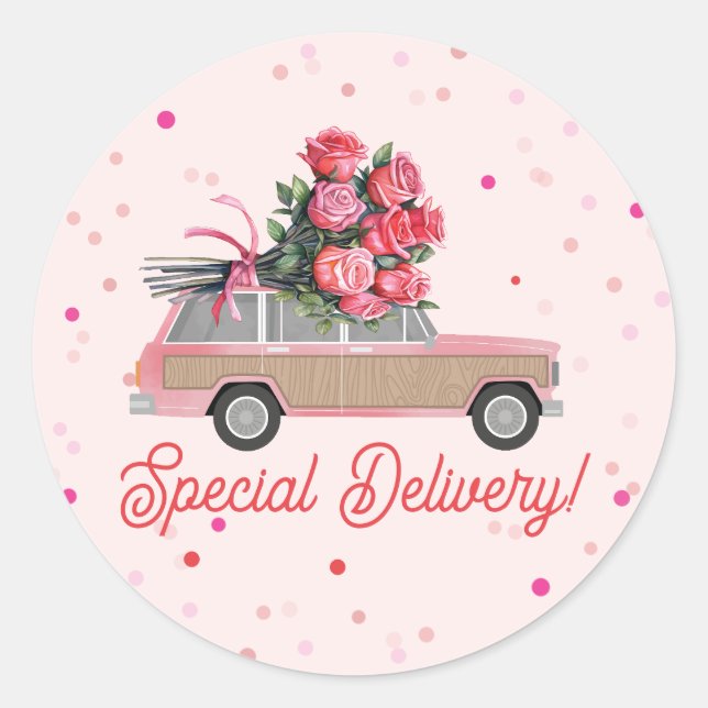 Sticker Rond Livraison spéciale Roses SUV Valentine's (Devant)