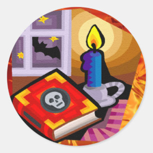 Sticker Rond Livre de crâne, chandelle et chauve-souris à l'ext