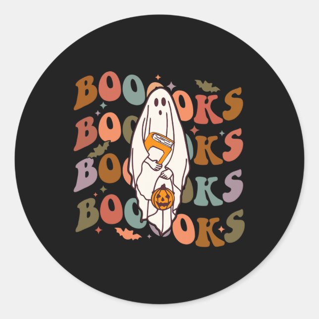 Sticker Rond Livres Halloween Cute Ghost Boo Lecture Livres Adu (Devant)