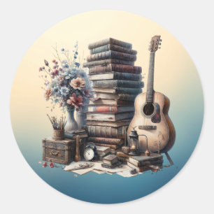 Sticker Rond Livres vintages, Guitare acoustique et Vase de Fle