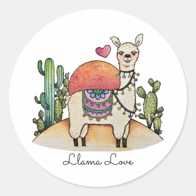 Sticker Rond Llama Aquarelle Avec Cactus (Devant)