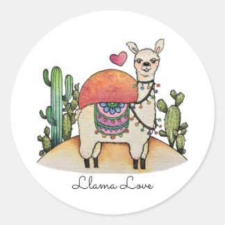 Sticker Rond Llama Aquarelle Avec Cactus