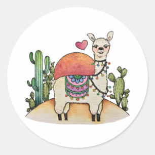 Sticker Rond Llama Aquarelle Avec Cactus