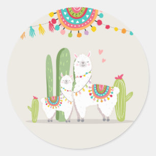 Sticker Rond Llama Baby shower Alpaca Fiesta Mexicaine Cactus