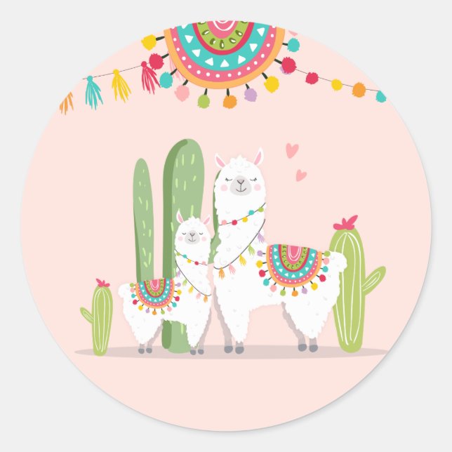 Sticker Rond Llama Baby shower Alpaca Fiesta Mexicaine Cactus (Devant)