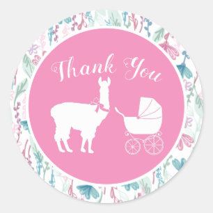Sticker Rond Llama Baby shower mignonne fille rose