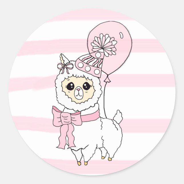 Sticker Rond Llama d'anniversaire rose avec ballon (Devant)