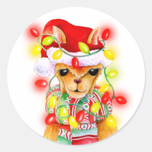Sticker Rond Llama fantaisie vacances de Noël aquarelle art