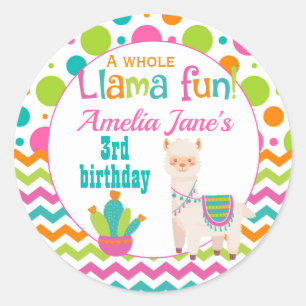 Sticker Rond Llama fête d'anniversaire rose