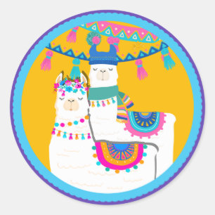 Sticker Rond Llama Violet Bleu Jaune Anniversaire Coloré