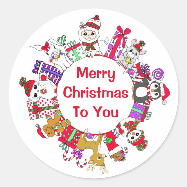 Sticker Rond Llamas, Penguin, Gingerbread Homme Festive Vacance (Devant)