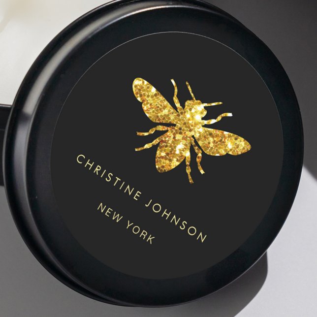 Sticker Rond logo abeille pailletée sur fond noir (Créateur téléchargé)