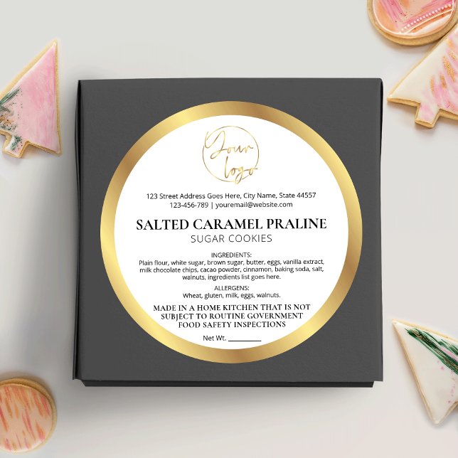 Sticker Rond Logo Blanc & Or Luxe Moderne Boulangerie Ingrédien (Faux gold and white bakery cottage law stickers with logo, great for your food packaging)