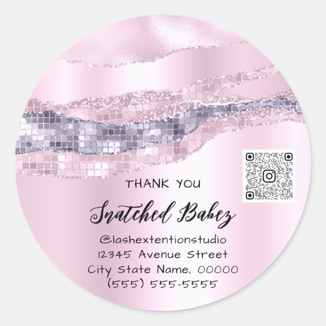 Sticker Rond Logo cosmétique Merci QR Code Rose PurpleGlitter (Devant)