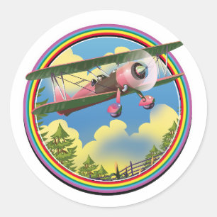 Sticker Rond logo d'avion biplan rose arc-en-ciel
