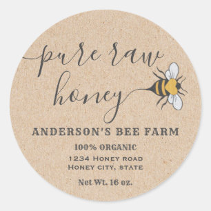 Sticker Rond Logo de Kraft Bee script pure crue pot de miel éti