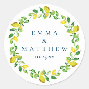 Sticker Rond Logo de mariage méditerranéen au citron aquarelle