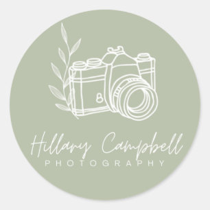 Sticker Rond Logo de photographie simple vert sauge promotionne