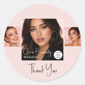 Sticker Rond Logo de script rose poudré Photo Maquillage Merci