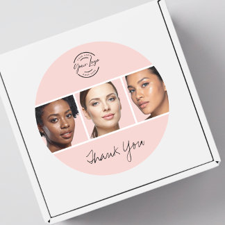 Sticker Rond Logo de script rose poudré Photo Maquillage Merci