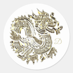 Sticker Rond Logo d'or décoré d'un monogramme de dragon élé