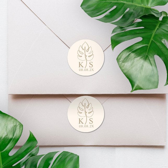 Sticker Rond Logo du Mariage Monogramme Monstera Personnalisé (Créateur téléchargé)