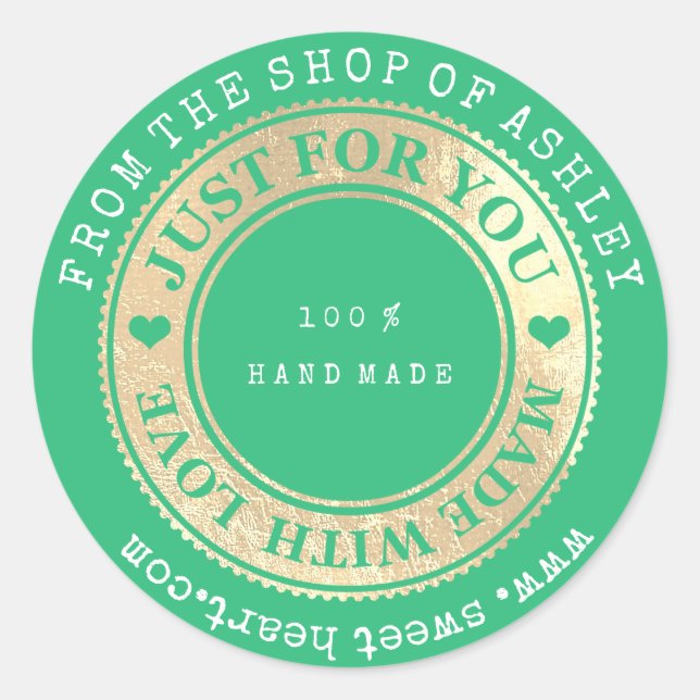 Sticker Rond Logo fait main Nom Web Heart Love Mint Gold Wow (Devant)