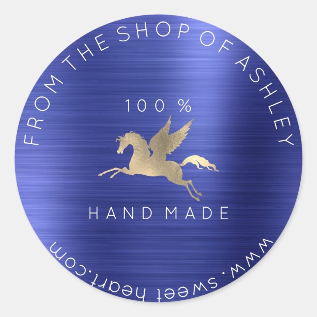 Sticker Rond Logo fait main Nom Web Pegasus Cobalt Blue Gold (Devant)