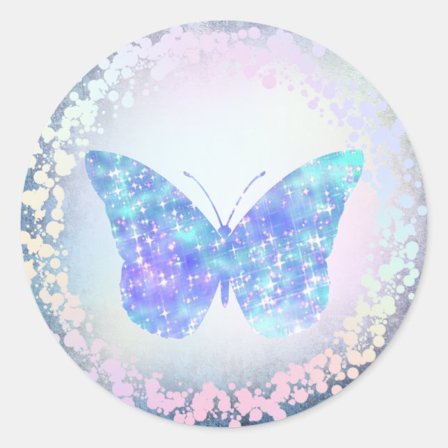 Sticker Rond logo faux holographique bleu papillon (Devant)