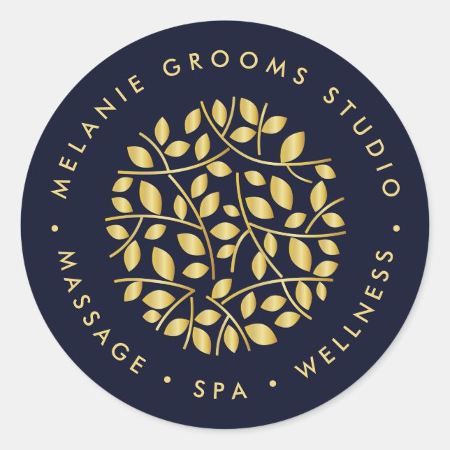 Sticker Rond Logo feuille or | Blue wellness massage yoga spa (Devant)