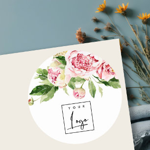 Sticker Rond Logo floral de pivoine aquarelle verte rose pour l