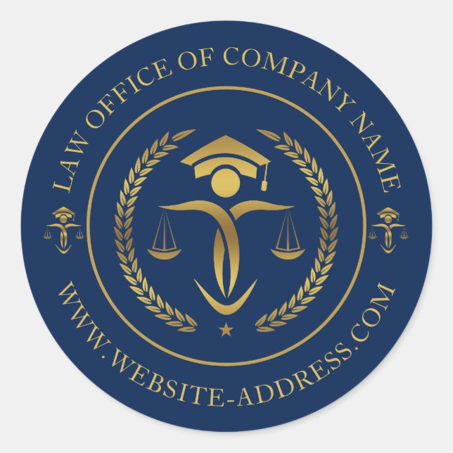 Sticker Rond Logo Gold Justice avec texte personnalisé en bleu (Devant)