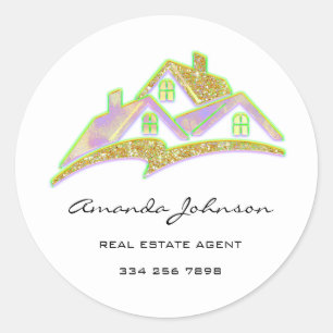 Sticker Rond Logo Personnalisé Agent Immobilier Maison Jaune Ve