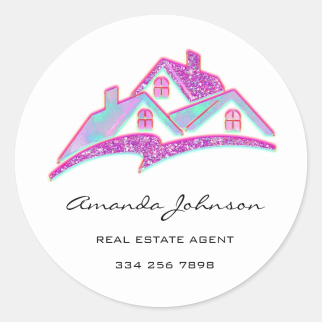 Sticker Rond Logo Personnalisé Agent Immobilier Maison Rose Ble (Devant)