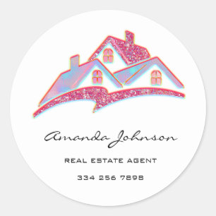 Sticker Rond Logo Personnalisé Agent Immobilier Maison Rose Ble