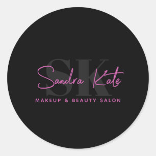 Sticker Rond Logo personnalisé Monogramme Noir Néon Rose Salon 