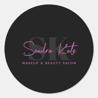Sticker Rond Logo personnalisé Monogramme Noir Néon Rose Salon 