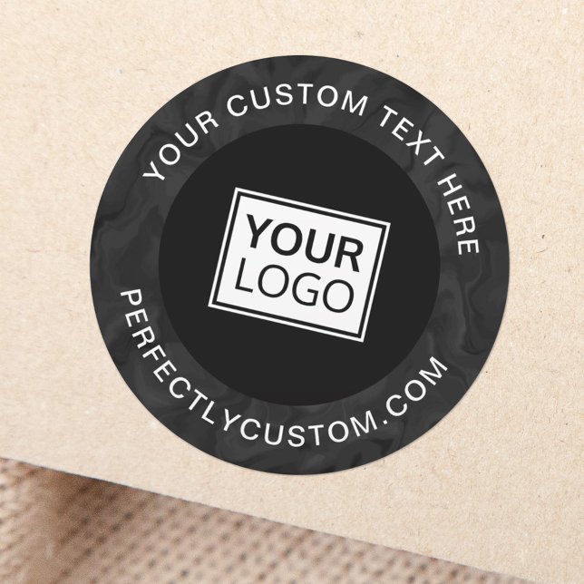 Sticker Rond Logo personnalisé texte de bordure en marbre foncé (Custom logo sticker with dark, marbled border and your custom text)
