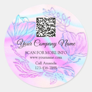 Sticker Rond Logo QR Code Rose Holographique Floral Wreath