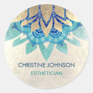 Sticker Rond logo turquoise bleu en faux or lotus
