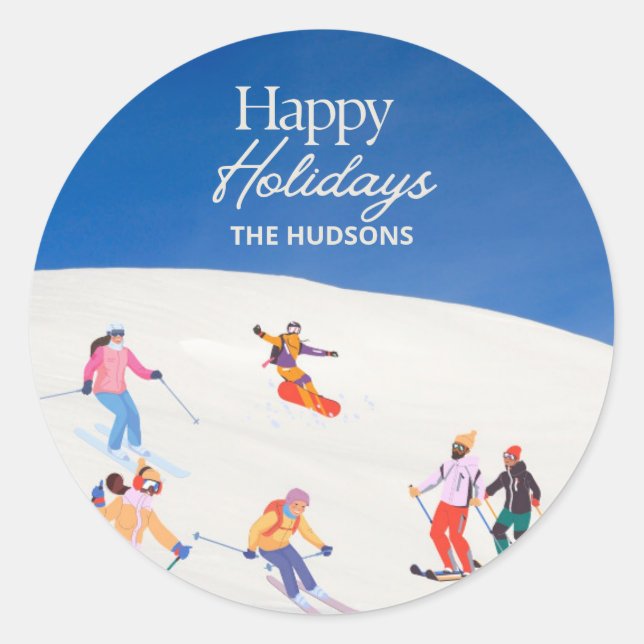 Sticker Rond Loisirs branchés Happy Holidays Station de ski (Devant)