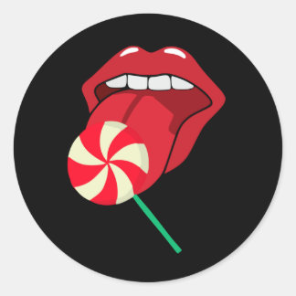 Sticker Rond Lollipop rouge lèvres. Bonbon de maquillage rouge 