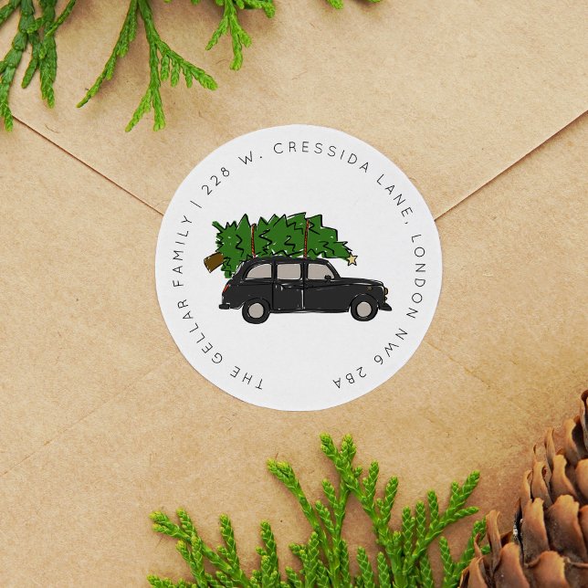 Sticker Rond London Black Cab Christmas Tree Adresse de taxi (London Black Cab Christmas Tree Taxi Address Classic Round Sticker)