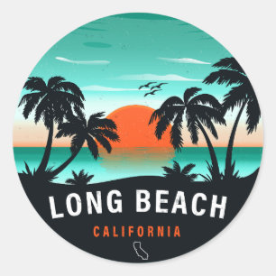 Sticker Rond Long Beach California Retro Sunset Souvenirs 80s