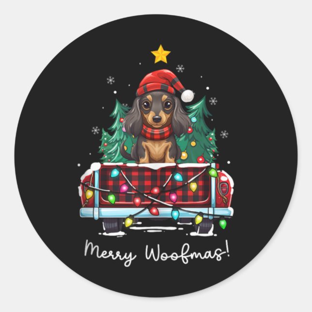 Sticker Rond Long Haired Dachshund Christmas Dog Truck Plaid Fu (Devant)