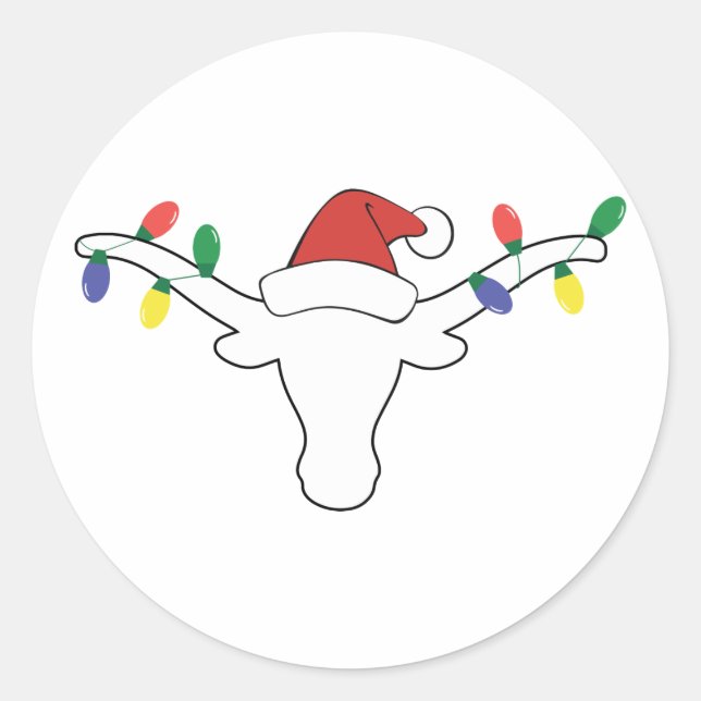 Sticker Rond Longhorne blanche avec lumières de Noël et chapeau (Devant)
