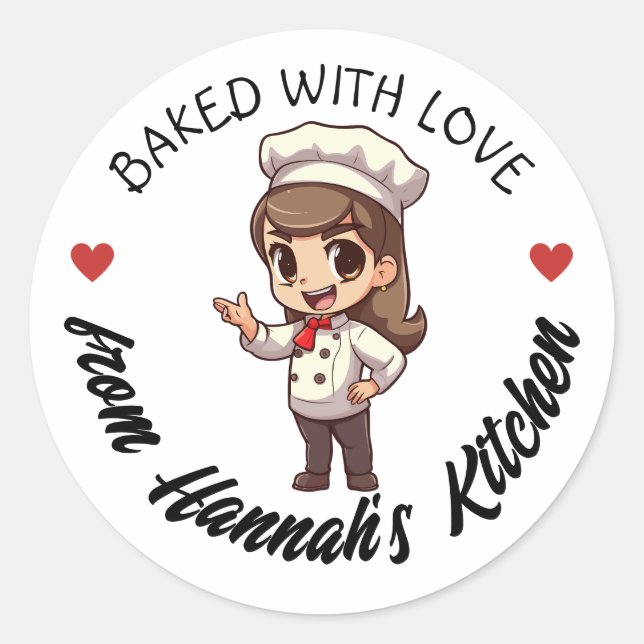 Sticker Rond Longs cheveux Brown Baker Kawaii Cuit avec amour (Devant)